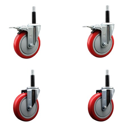 Service Caster 5'' SS Red Poly Swivel 3/4'' Expanding Stem Caster Set 2 Total Lock Brakes, 4PK SCC-SSEXTTL20S514-PPUB-RED-2-S-2-34